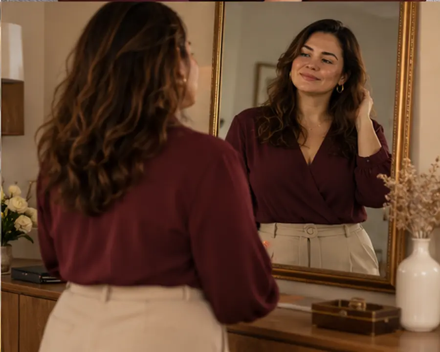 Mulher observa seu reflexo com serenidade depois de uma mudança corporal